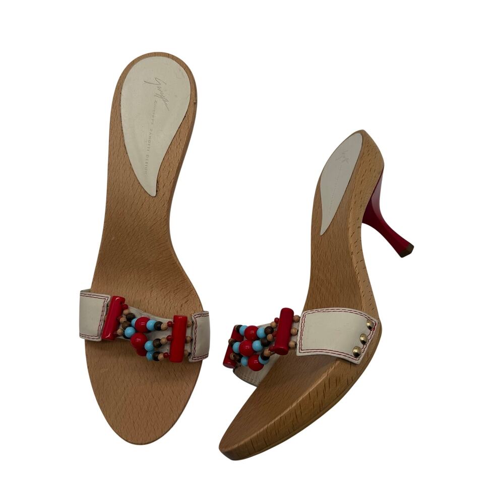 Giuseppe Zanotti Vicini Wood Mule Heels Beaded Leather Sandals EU 40 Y2K Boho